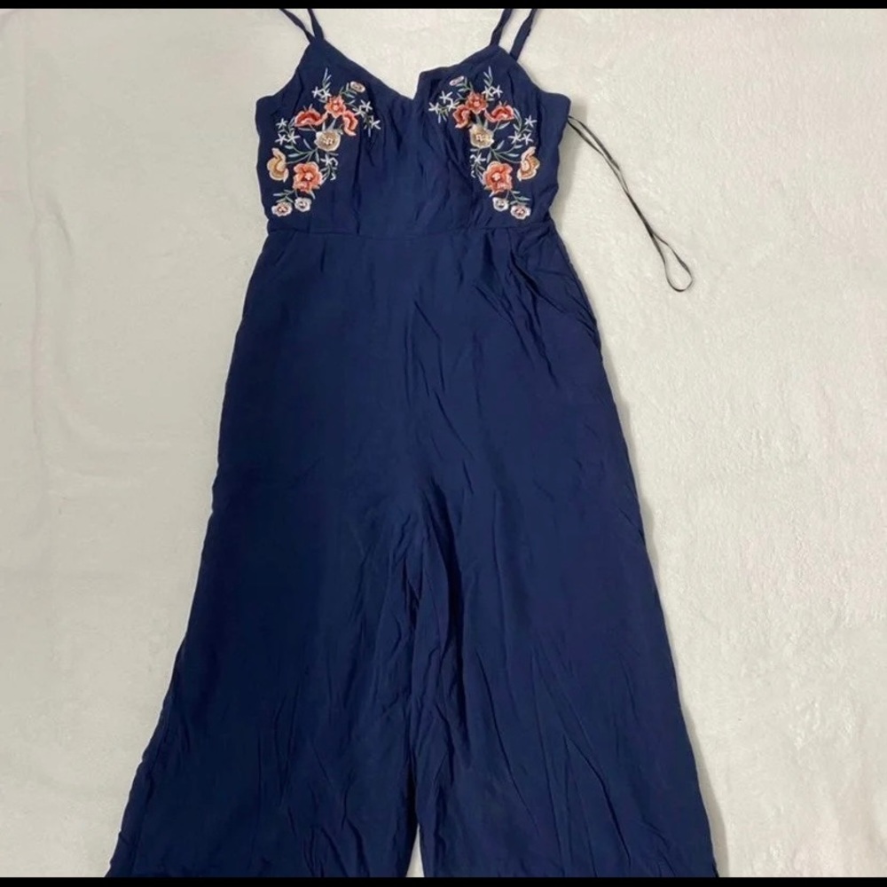 Flower embroidered Navy blue jumpsuit